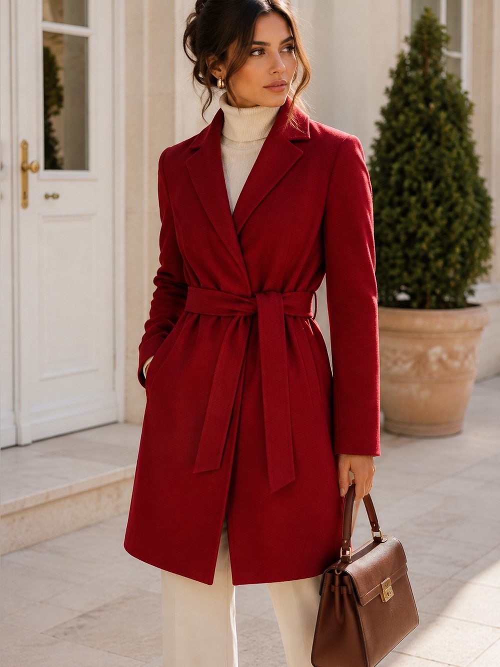 Vintage Herman Geist Red 100% Wool Belted Trench Coat Size 4 Quiet Luxury